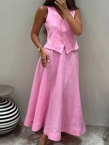 Women Vest Skirt Suit Solid V-neck Single Breasted Sleeveless Short Top Wide Leg Skirts Female Elegant Summer Lady Beach Wears