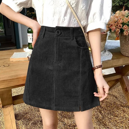 High-Waisted Slimming Corduroy A- Line Mini Dress 2024 Autumn/Winter Korean Style Side Slit Bodycon Skirt Plus Size Skirt