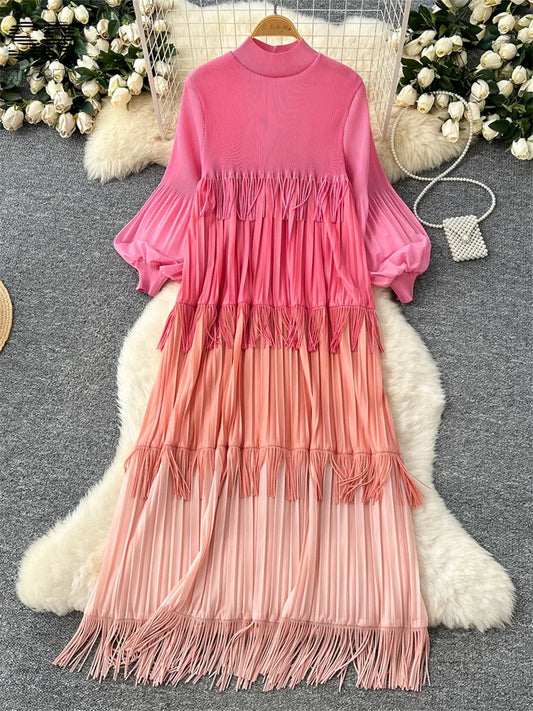 SINGREINY Multicolor Spring Loose Dress Women Lantern Sleeve Temperament O Neck 2025 Newest Vintage Tassel Senior Long Dresses