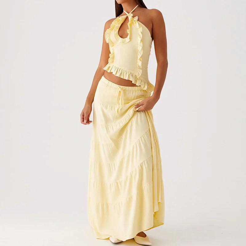 Maemukilabe Two Piece Maxi Skirt Sets for Women Y2k Backless Halter Tank Top Tiered Flowy Long Skirt Boho Vacation Outfits