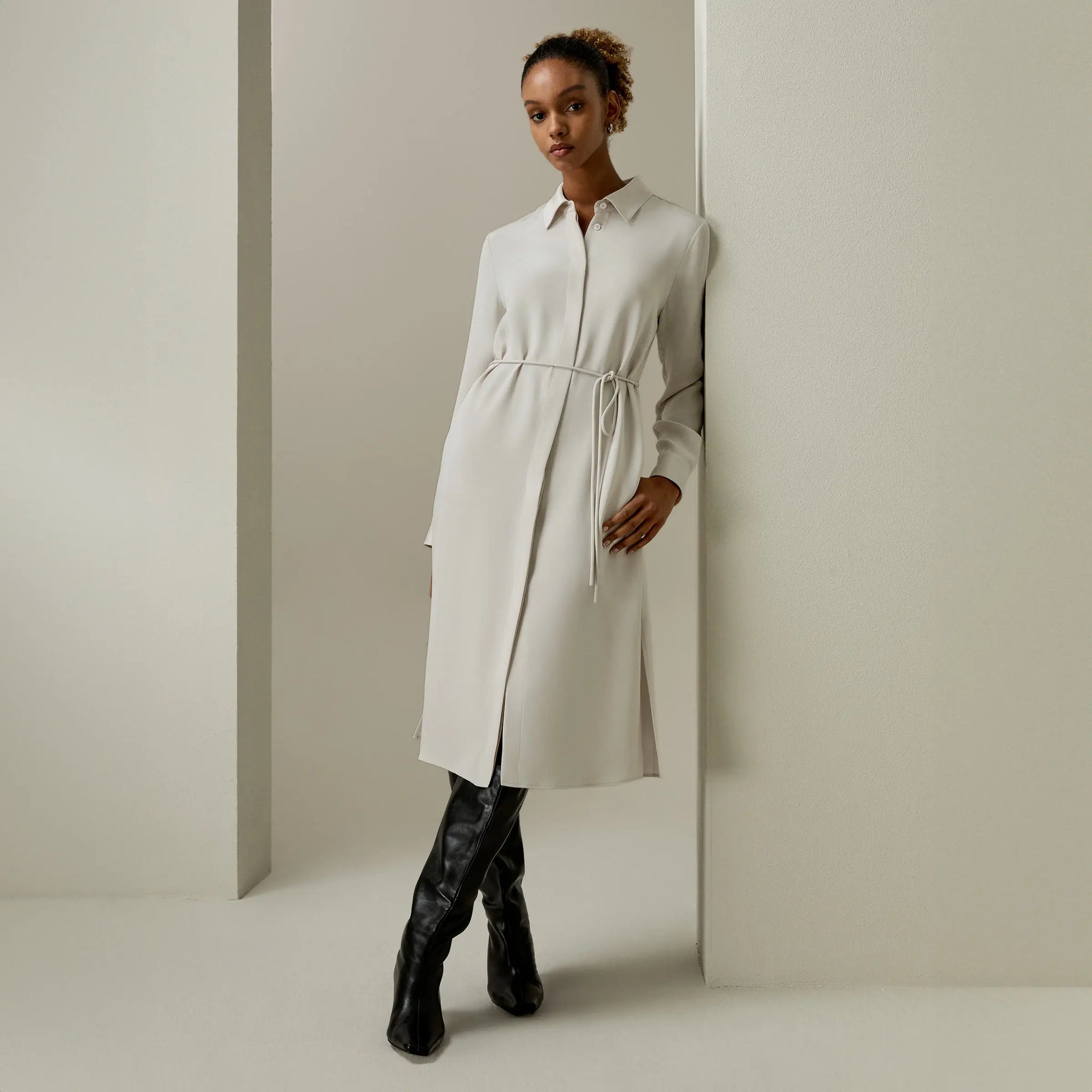 Women's Rope Tie Plain Drape Dress Ladies Heavy Silk Crêpe de Chine Dress with Hidden Placket and Side Slit