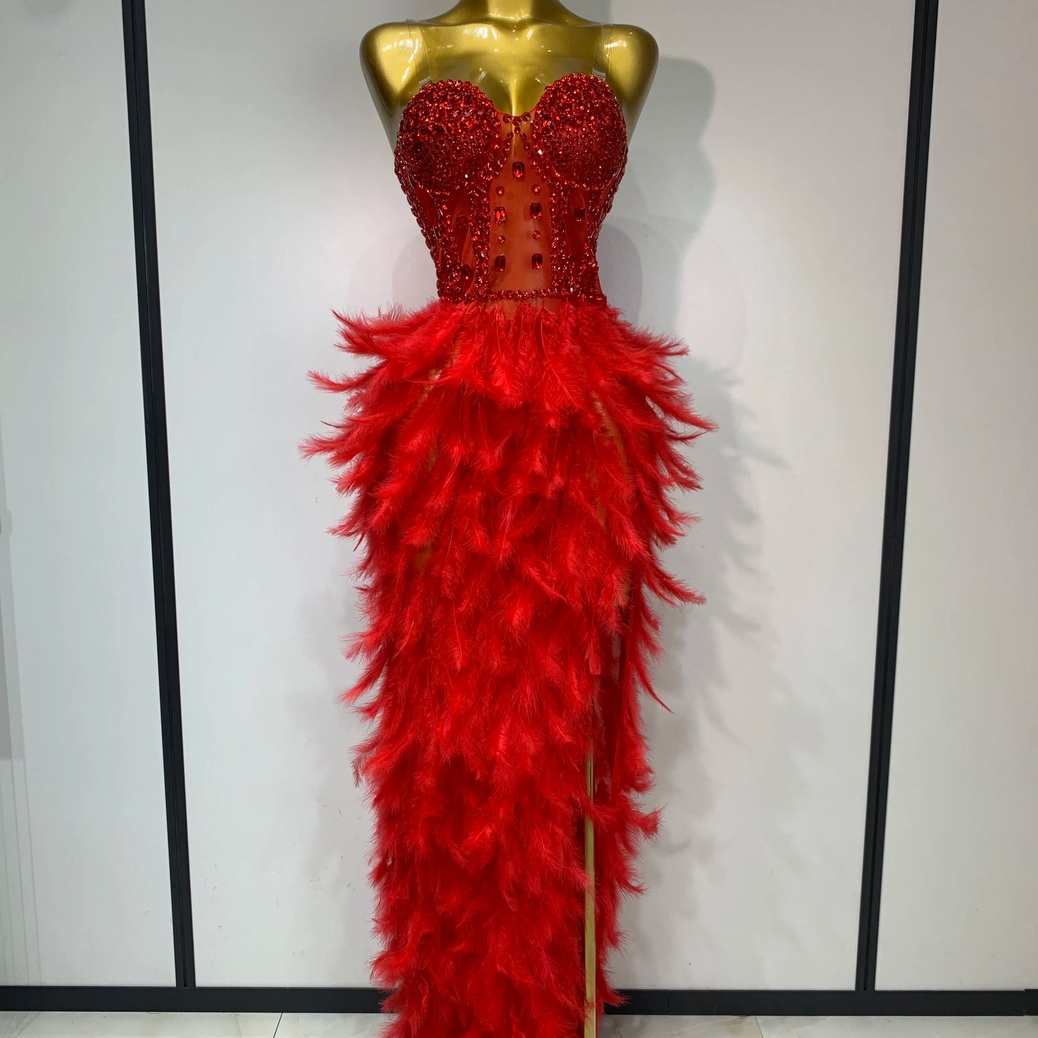 Sparkly Rhinestone Feather Mesh Long Dress Women Sexy Elegant Evening Party Luxury Birthday Photo Shoot Performance Costume