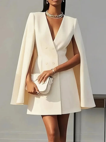 Women Fashion Commuter Solid Blazers Dress Office Double Breasted Waist Party Dress Elegant V-neck Shawl Cape Sleeve Midi Dress