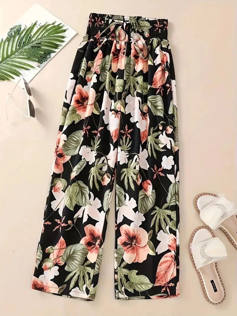 Floral Pants Spring and Summer Thin High Waist Slim Ice Silk Stretch Floral straight-leg Women's Pants