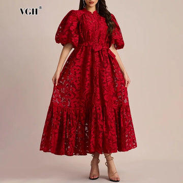 VGH Fashion Patchwork Bow Mesh Dresses for Women Round Neck Long Sleeve Spliced Embroidery Temperament Dress Female Clothing New