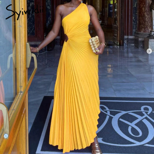 Syiwidii Fashion One Shoulder Dress for Women Hollow Out Pleated Diagonal Collar Evening Dress 2025 New Elegant Party Dresses
