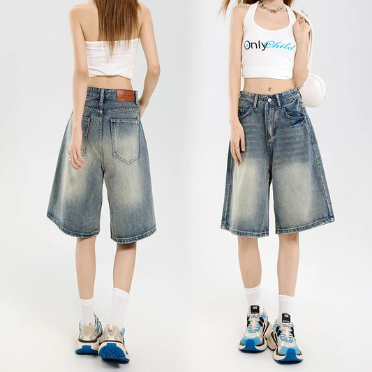 2025 Korean Street Casual Y2K Loose Wide-leg Denim Shorts Five-point Baggy Jeans Women's All-match Straight Summer Hot Shorts