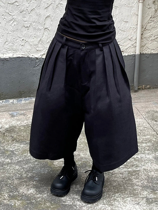 REDDACHiC Unisex Black Baggy Jorts Women Bloomers High Waist Pleated Front Plain Casual Extra-Wide Leg Short Pants Acubi Fashion