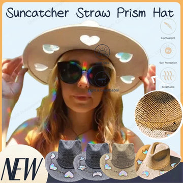 Cowgirl Straw Prism Hat Suncatcher Hand-Woven Wide Shapeable Brim Rainbow Prism Hat Sun Beach Western Cowboy hat for Women