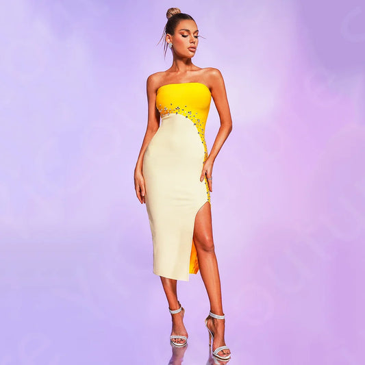 Customized Unique Yellow Cocktail Party Dresses Contrast Color Homecoming Gowns Tea Length Pageant Dress Thigh Slit Beaded