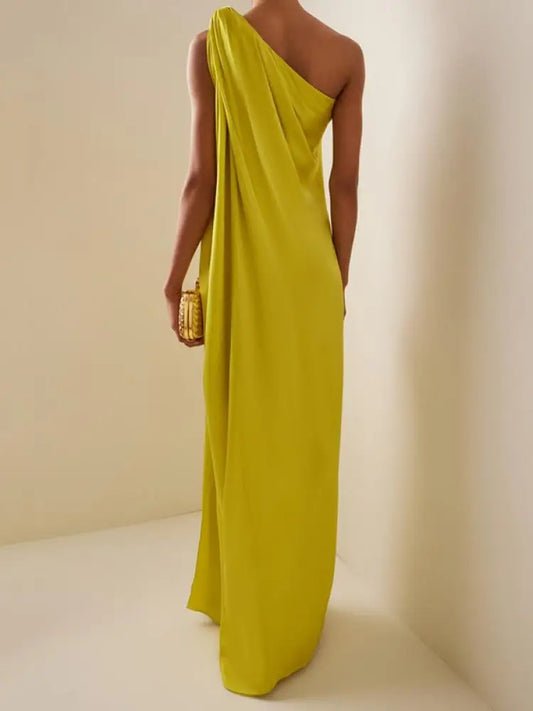 Freeacy Loose Fit Women's Elegant Evening Dress Solid Yellow One-shoulder Halter Dress High Waist H-line Split-side Maxi Dress