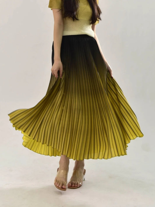 Women Gradient Pleated Midi Skirt 2025 Summer HIgh Street Skirt Women Clothes Elegant