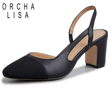 ORCHALISA Beige White Black Spring Women Sandals Full Grain Leather Round Toe Block Heels Back Strap Casual Big Size 33-42 S3081