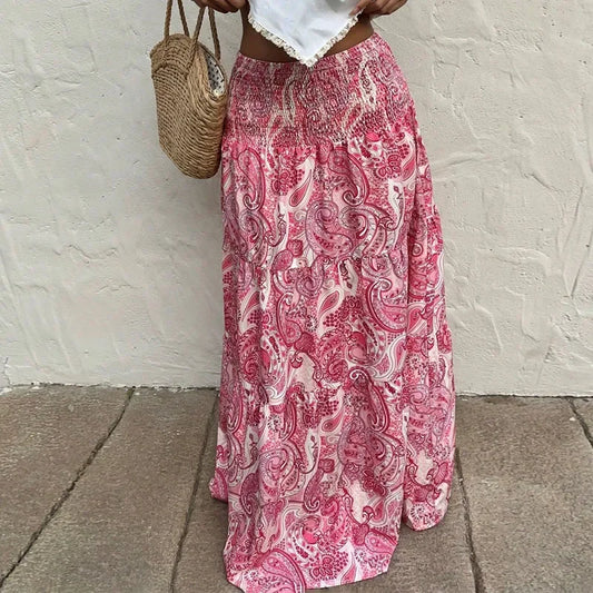2025 Summer Comfortable Long Skirt Fashion Elegant Soft Women Skirt Pink Print High Elastic Waist A-LINE Skirts for Women Faldas
