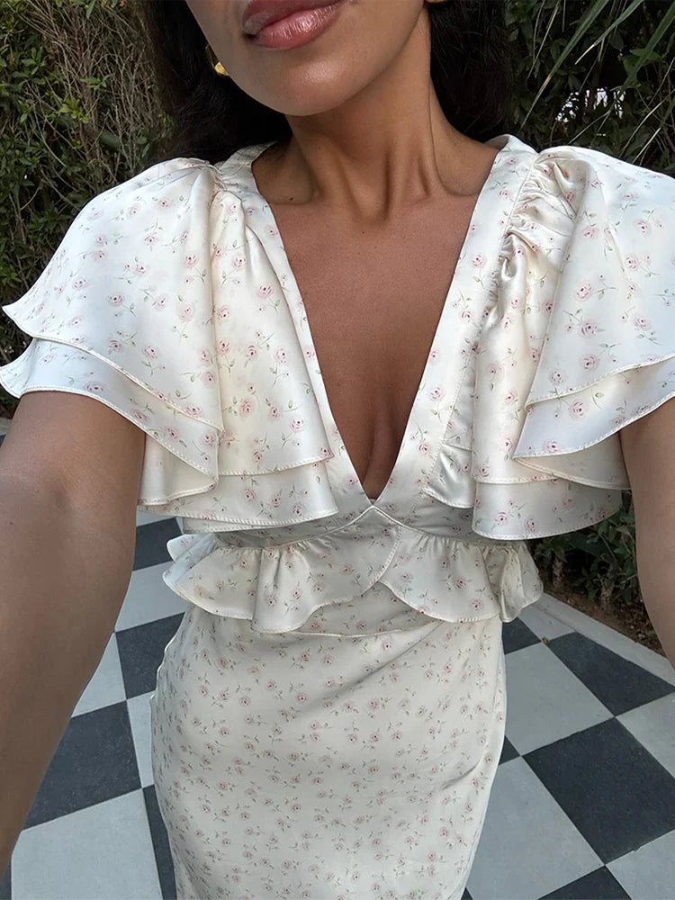 Elegant Floral Printed Ruffle Hem Dress Women's Chic V-neck High Waisted Slim Fit Long Dresses 2025 Summer Holiday Vestidos Lady