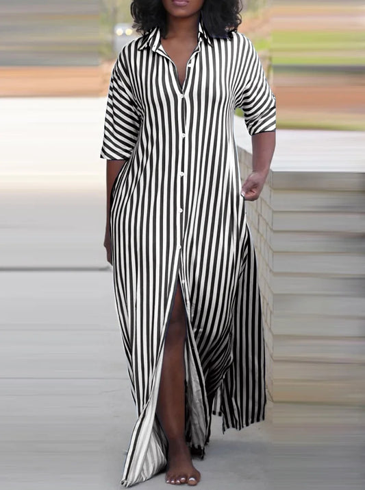 Spring Autumn Sexy Drawstring Shirt Dress For Women Fashion Striped Print Full Sleeve Button Long  Dresses 2024 New Long Shirt