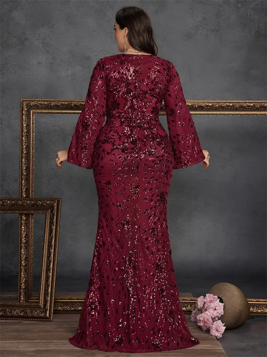 BLUEPLUM Plus Size Luxury Black Evening Dresses Women Long Sleeve Mermaid Formal Sequins Prom Wedding Party Cocktail Gowns