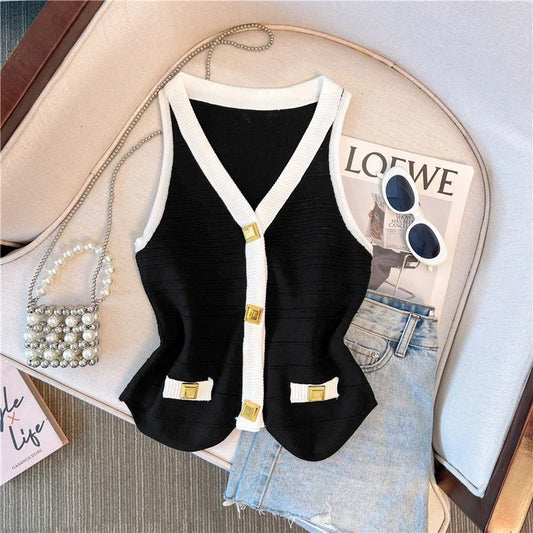 Metal Buttons Patchwork Tank Tops White Crop Top Chic Y2k Sleeveless Summer Knit Tops T-shirt Korean Women's Clothing New