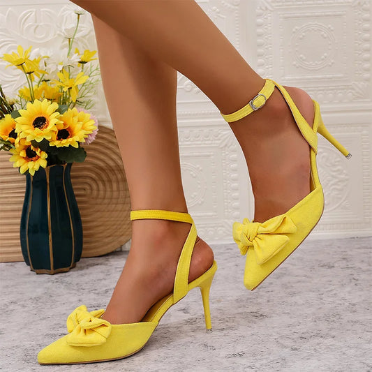 Bowtie Decor High Heel Sandals  Women Fashion Yellow Flock Pointed Toe Dress Sandals Plus Size Ankle Buckle Thin Heeled Sandls