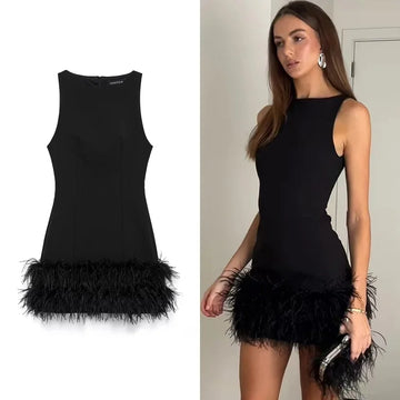 TRAF Elegant Mini Dresses 2024 Women's Feather Sleeveless Short Dresses Fashion Casual Party Evening Black Dress Vestidos