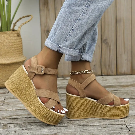 Fashion Wedge Sandals for Women Summer  Casual Non-slip Peep Toe Platform Shoes Rubber Sole Buckle Elegant Heels Women