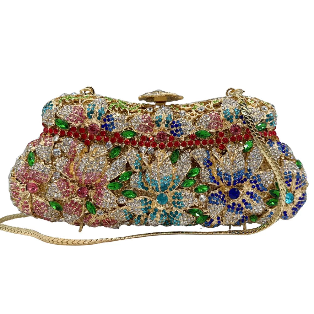 Luxury Women Evening Bag Shiny Rhinestone Clutch Bag Crystal Dress Handbag Bridal Wedding Chain Shoulder Bag Classy Rose Box