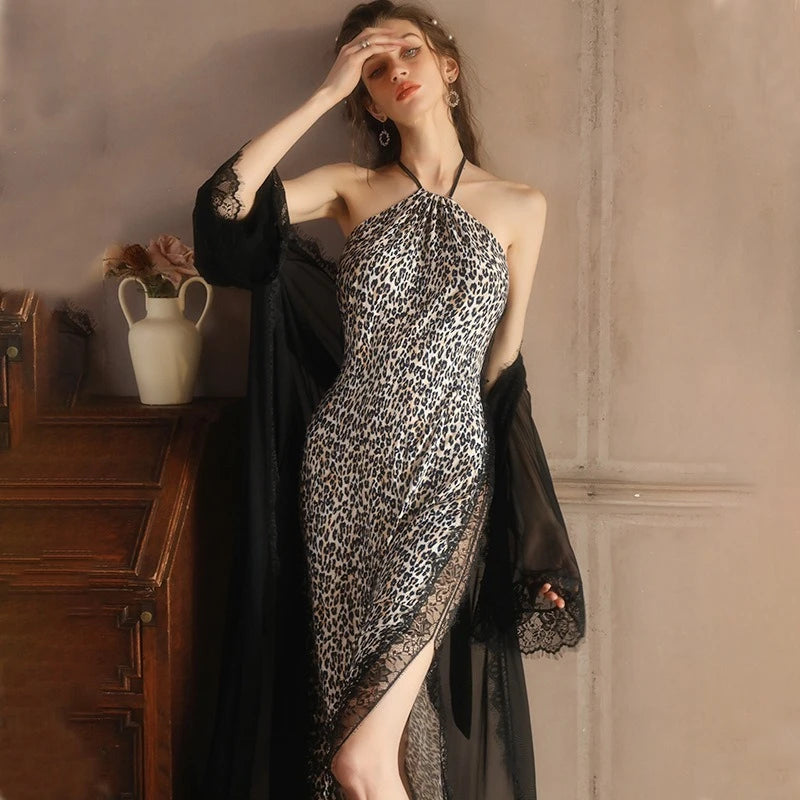 Fashion Leopard Print Neck Hanging Nightgown for Women Sexy Lace Backless Slit Sleepwear Luxury  Nightgown Set   Sexy Nightdress