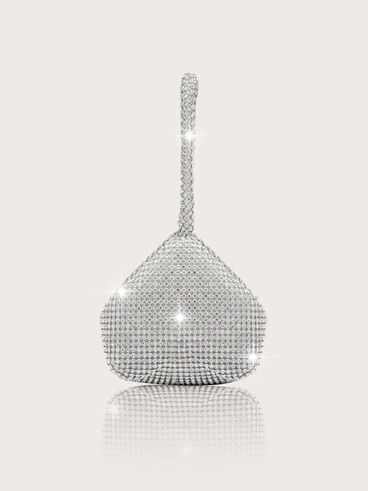 Elegant and luxurious rhinestone-encrusted evening bag and clutch, paired with a four-piece necklace, earrings and bracelet.