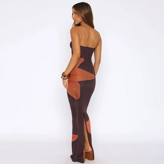 CUTENOVA Women'S Temperament Strapless Floral Printed Package Hip Split Slim Long Dress Summer New Elegant Holiday Party Dresses