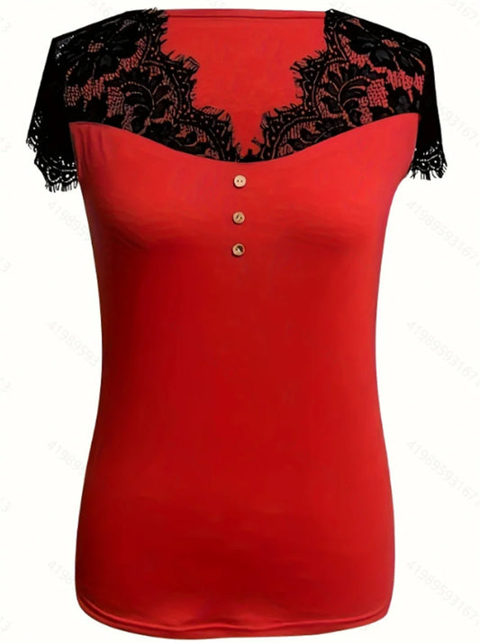 Women's Sexy V-neck Lace Neck Lace Short Sleeve T-shirt Slim Fit Top Lace Stitching T-Shirt Spring/Summer