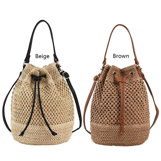 Summer Shoulder Bag Drawstring Straw Beach Crossbody Bags Adjustable Strap Fashion Casual Portable Elegant for Weekend Vacation
