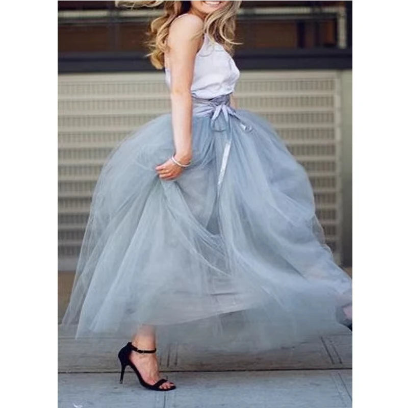 Women's Long Tutu Skirts 7 Layers Tulle 100cm Length Elastic Waist Ball Gown With Sashes A-Line Floor Length Evening Party Skirt