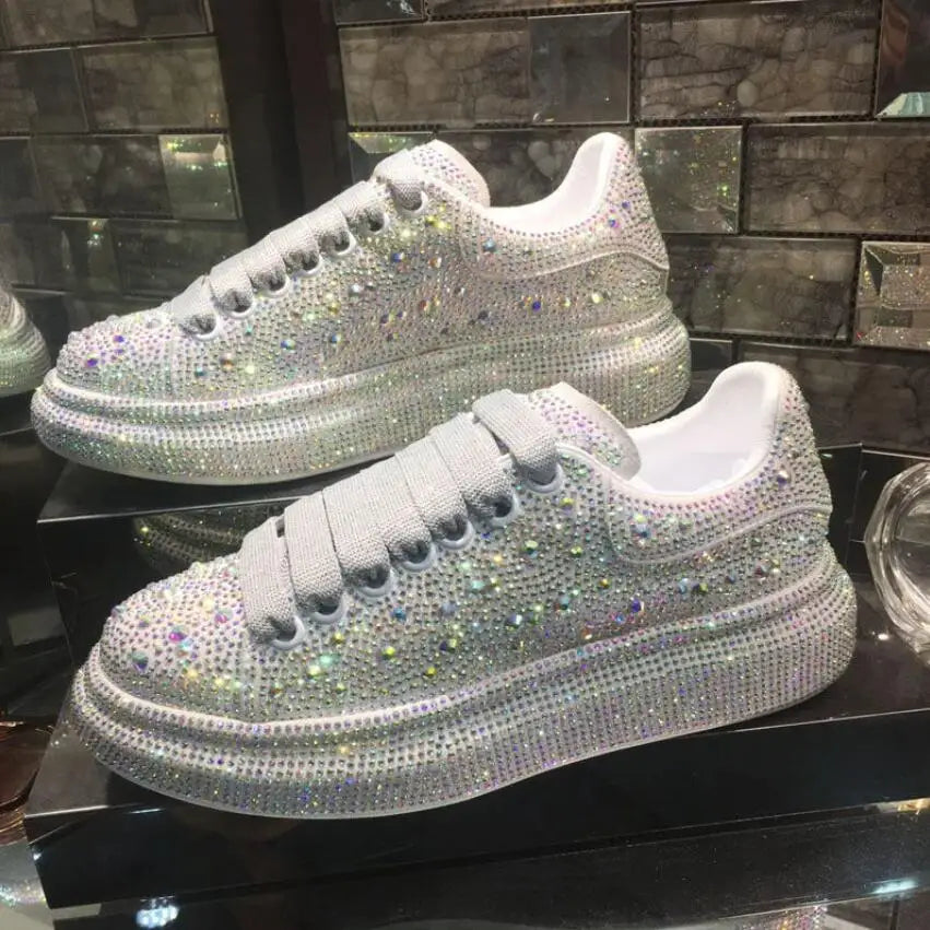 2025 Autumn Women Platform Shoes rhinestones Thick-soled White Silver Shoes Shining Crystal Sneakers Trend Casual Sneakers