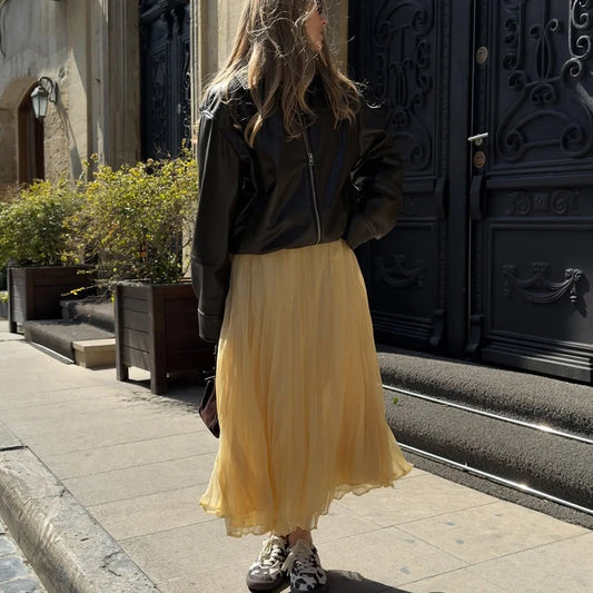 MUJER Yellow Pleated Long Skirts for Women Layered High Waist Midi Skirt Woman Summer Ruched Women's Skirt Beach Skirt Women