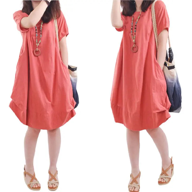 Women's Clothing Solid Color Dresses Casual Loose Round Neck Summer Short Sleeve Pockets A-Line Commute All-match Midi Dress New