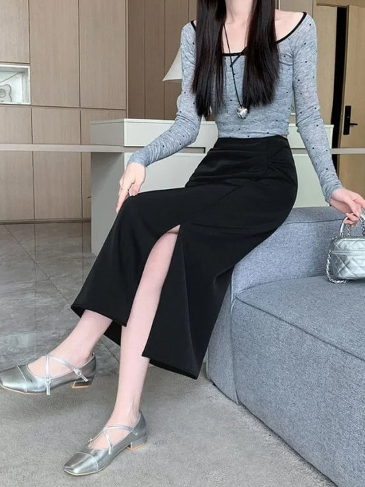 Skirts for Women High Waist Tight Wrap Midi with Slit 2025 Trend Streetwear Stylish Premium A Line Casual Aesthetic Woman Skirt