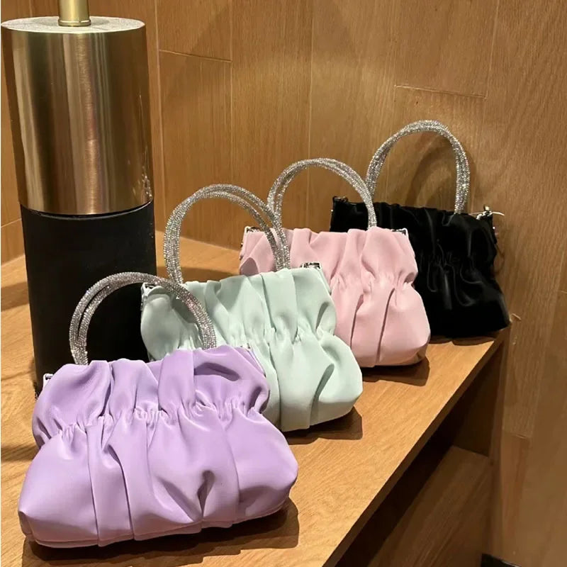 Rhinestone Portable Shoulder Bag Female 2023 Summer New Ladies Party Pleated Cloud Chain Crossbody Bag Solid Color Evening Bags
