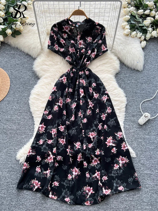SINGREINY Summer Trendy Vintage Print Dress Female V Neck Lace Up Slim Floral Dress High Quality Vacation Style Long Sundress