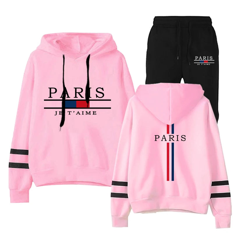 New Trend Ladies Autumn Winter Tracksuit Hooded Sweatshirt Black Sweatpants Fashion Paris Printed Hoodie 2pcs Set Women's Outfit