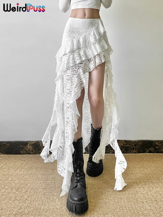 Weird Puss Tassels Women Skirts Chic Irregular Hem Multi-Layered Ruffles Lace Patchwork Summer Trend Skinny Versatile Bottoms