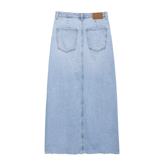 DUOPERI Women 2025 New Denim Blue Slit Straight Midi Skirt Front Zipper High Waist Female Elegance Chic Lady Casual Long Skirts