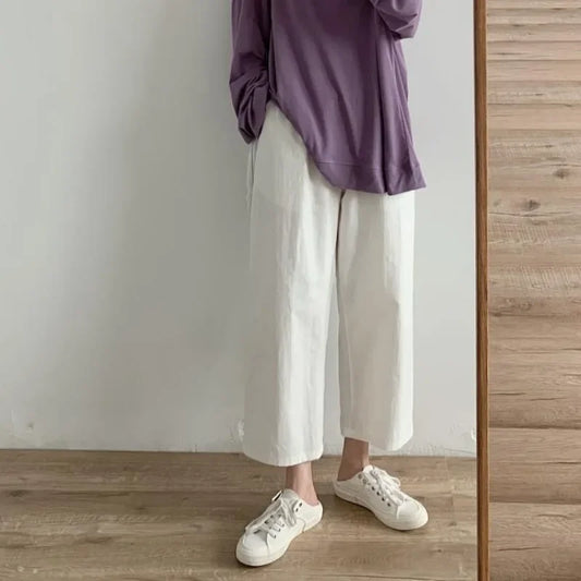 2025 White Fashion Pants Women Summer New Korean High Waist Wide Leg Pants Students Loose Straight Leg Casual Trousers Female