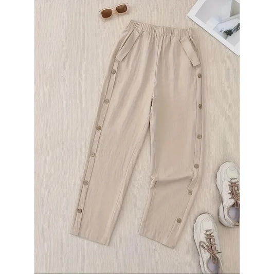 Plus Size 1XL-5XL Women Button Up Wide Leg Pants For Women Solid Color Cropped Cotton Pants Summer High Waist Baggy Sweat pants