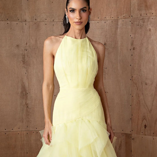 Bella Customized Yellow Halter Neck Multi-Layered robes de soirée Mesh Fabric A-line Party Dresses Floor-Length Prom Dress 2025