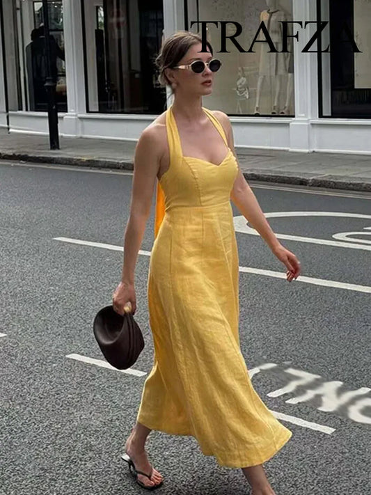 TRAFZA Women Fashion Slim Dresses Solid Square Collar Sleeveless Backless Zipper Sexy Midi Dress Female Summer Beach Party Dress