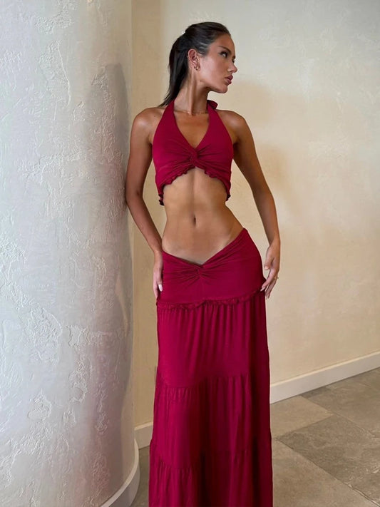 Weird Puss Ruched Elegant 2 Piece Set Women Halter Backless Crop Camisole+Elastic Waist Ruffles Long Skirts Street Trend Suits
