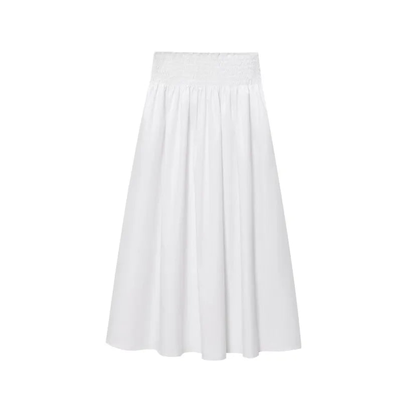 TRAF Midi Skirt Women Summer Mid Waist Women's Pleated Skirt Casual Smocked Waistband Lady Skirts Women's Flared Hem Skirt
