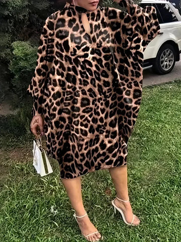Plus Size 1XL-5XL New Women's Fashion Boho Dress Ladies Casual Leopard Print Batwing Sleeve Keyhole Round Neck Baggy Dress