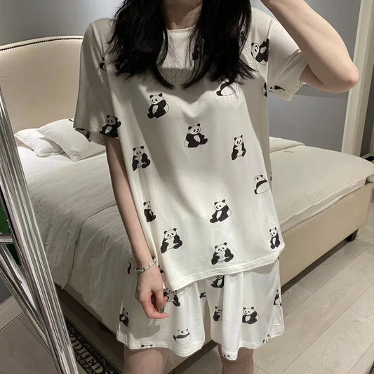 2025 Summer Women's Pajamas Set Panda Print Short Sleeve T-Shirt+Shorts 2 Pieces Suit Sleepwear Soft Casual Homewear Cute Pijima