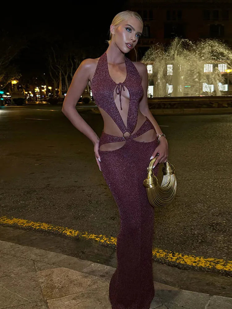 Hollow Out Hanging Neck Knit Dress Woman Lace Up Solid Color Sleeveless Long Dresses Chic Backless Beach Vacation Women's Robe